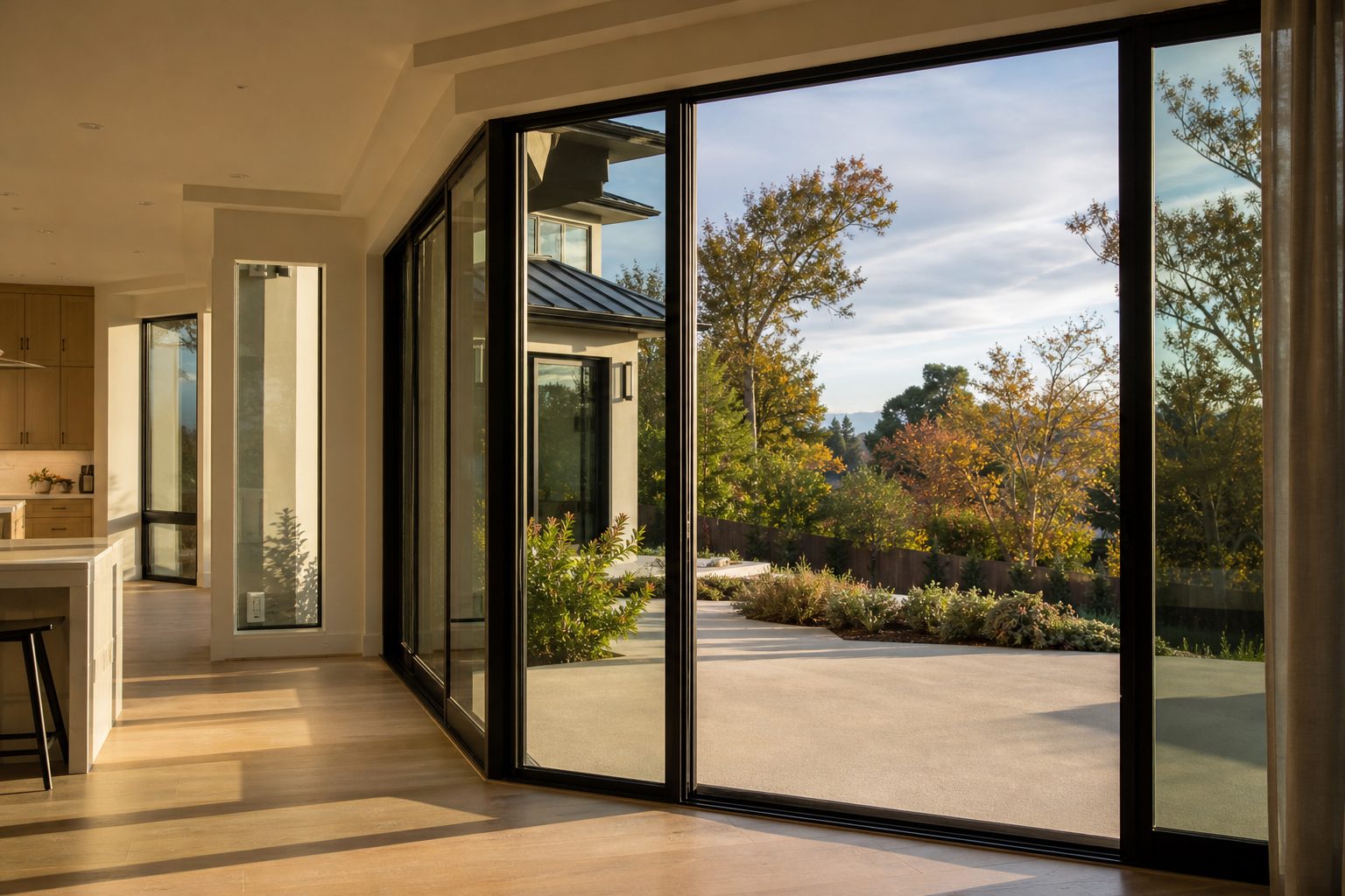Interior view through glass doors to established landscaping and mature trees, showing open living space typical of San Fernando Valley single-family homes.